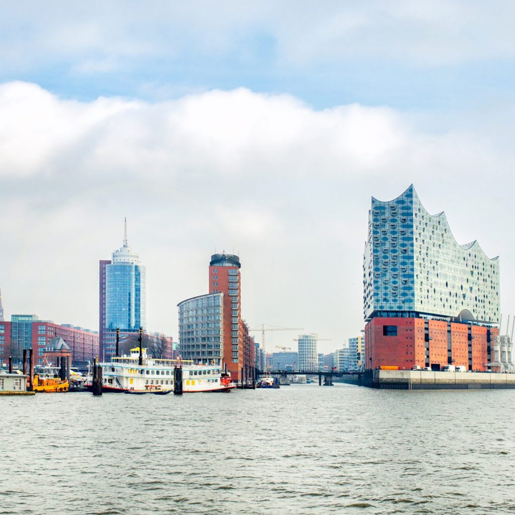 panoramic view of Hamburg city and Elbphilharmonie, a concert hall in the Hafen City quarter of Hamburg, Germany